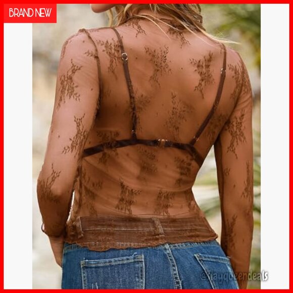 Long Sleeve Mesh Top Sheer Floral Embroidery Mock Neck Layering Tee - Picture 2 of 7